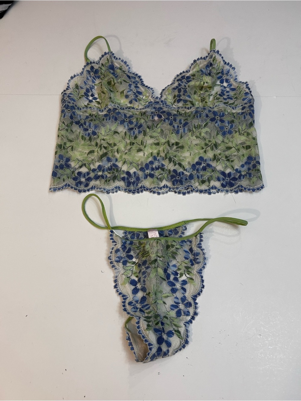 Victoria's Secret Green and Blue Floral Lace Bralette & Thong Set